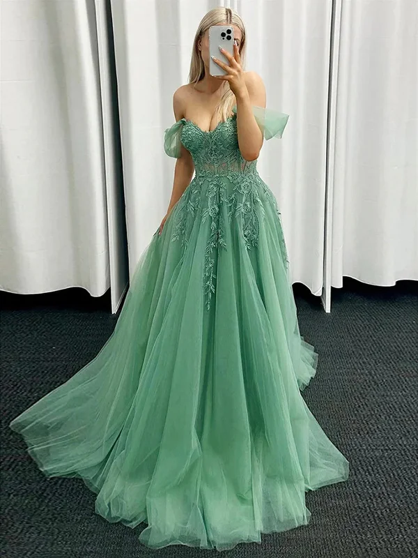 A Line Off The Shoulder Lace Tulle Green Long Prom Dresses, Green Lace Off Shoulder Formal Evening Dresses Tunics Handmade artisanal