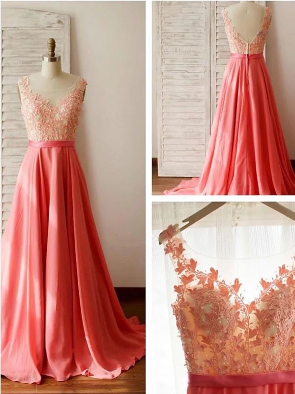 A Line Round Neck V Neck Back Long Coral Lace Prom Dress, Long Lace Formal Dresses, Evening Dresses, Bridesmaid Dresses Tunics Travel practical