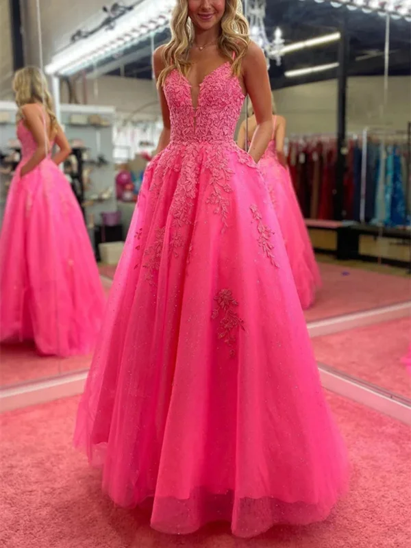 A Line V Neck Backless Hot Pink Lace Long Prom Dresses with Pocket, Hot Pink Open Back Lace Formal Evening Dresses Tunics Sophisticated sleek