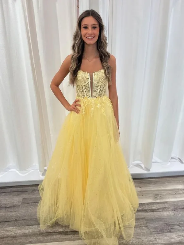 A Line V Neck Backless Yellow Lace Long Prom Dresses, Open Back Lace Yellow Formal Evening Dresses Tunics Mesh breathable