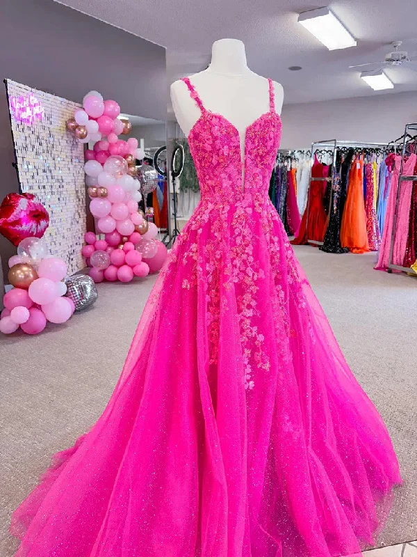 A Line V Neck Hot Pink Lace Tulle  Long Prom Dresses, Long Hot Pink Tulle Lace Formal Evening Dresses Tunics Distressed trendy