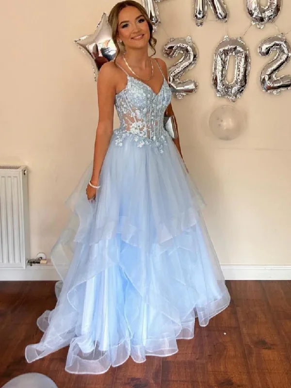 A Line V Neck Light Blue Lace Long Prom Dresses, Light Blue Lace Long Tulle Formal Evening Dresses Tunics Sophisticated sleek