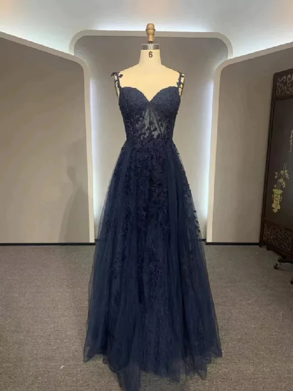 A Line V Neck Navy Blue Lace Long Prom Dresses, Navy Blue Lace Formal Evening Dresses Sequined Elegant Party