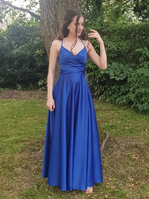 A Line V Neck Open Back Royal Blue Long Prom Dresses, Royal Blue Backless Long Formal Evening Dresses Tunics Chic elegant