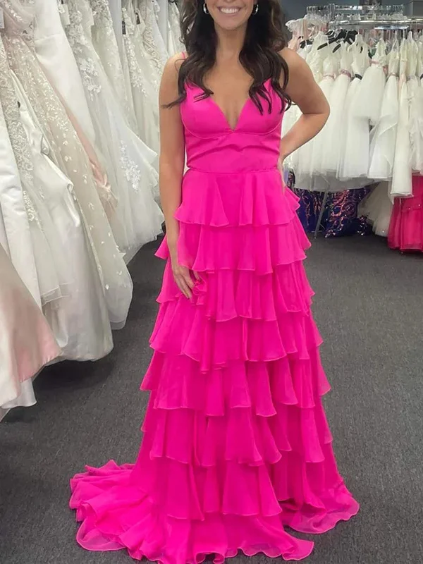 A Line V Neck Spaghetti Straps Pink Yellow Layered  Prom Dresses, Layered Long Formal Evening Dresses Tunics Long Elegant