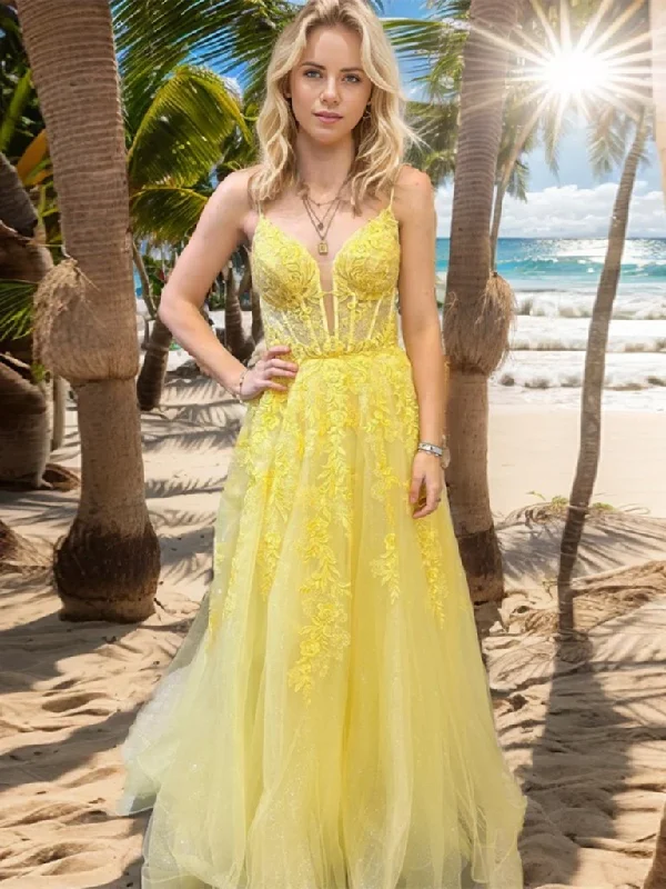 A Line V Neck Yellow Lace Long Prom Dresses, Yellow Lace Formal  Evening Dresses Halter Neckline Beach