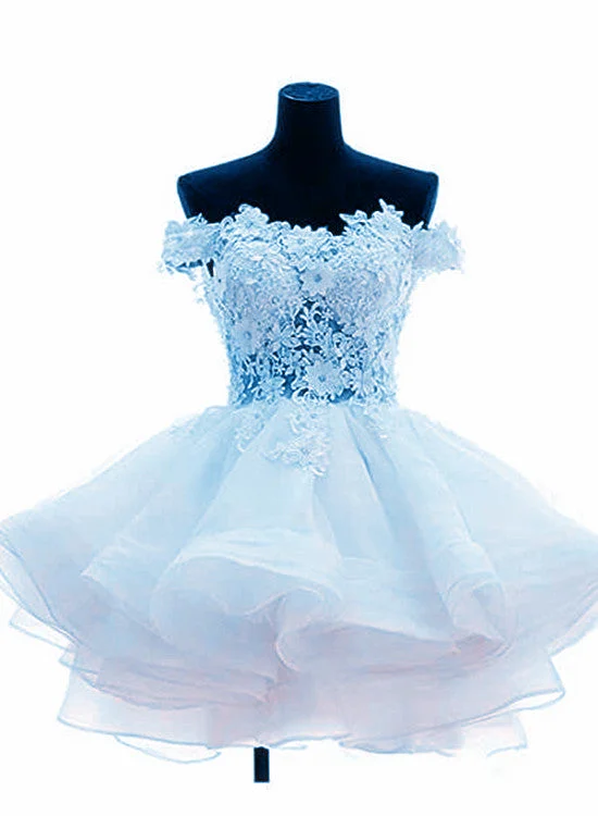 Adorable Light Blue Layers Organza Party Dress with Lace, Off Shoulder Short Prom Dress Tunics Wedding white