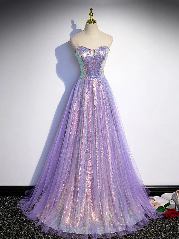 Aline Purple Sweetheart Neck Tulle Long Prom Dress, Purple Evening Dress Chiffon Maxi Beach