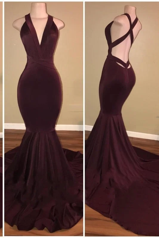 B| Bridelily Elegant V-Neck Mermaid Burgundy Long Prom Evening Dresses Tunics Satin smooth