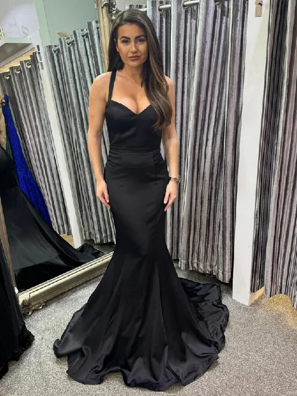 Backless Black Mermaid Satin Long Prom Dresses with Train, Mermaid Black Open Back Satin Long Formal Evening Dresses Tunics Designer luxury