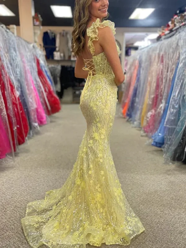 Backless Mermaid Yellow Lace Floral Long Prom Dresses with Train, Open Back Yellow Mermaid Lace Floral Long Formal Evening Dresses Tunics Spring floral