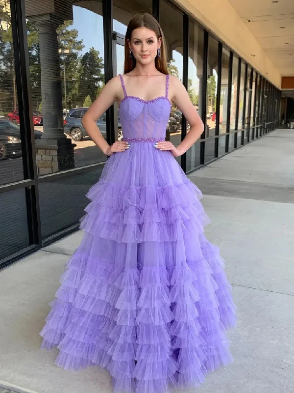 Beaded A Line Sweetheart Neck Lilac/Black Long Prom Dresses,Purple/Black Layered Tulle Formal Evening Dresses Tunics Winter warm