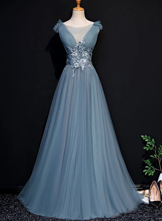 Beautiful Blue Tulle Long Party Dress, A-line Prom Dress with Lace Applique Boat Neckline Classic