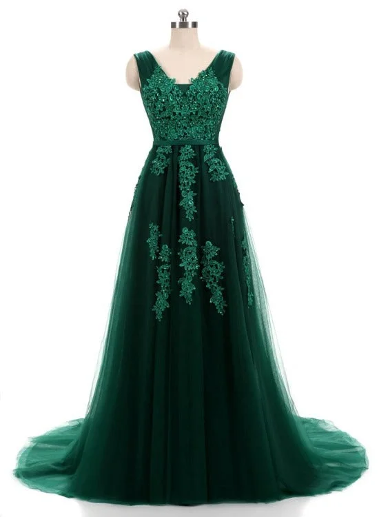 Beautiful Dark Green V-neckline Backless Party Dress, Tulle Formal Dress Bridesmaid Dress Tunics Distressed trendy