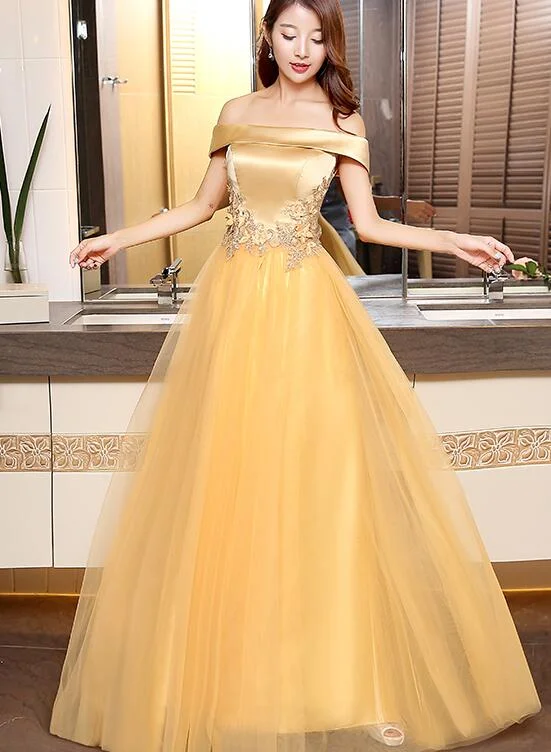 Beautiful Gold Off Shoulder Long Tulle Junior Prom Dress, Lace-up Evening Dress Tunics Velvet soft