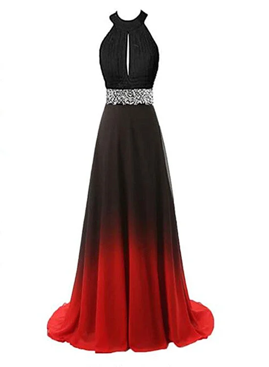 Beautiful Gradient Color Halter Beaded Party Dress, Red and Black Prom Dress Tunics Travel practical