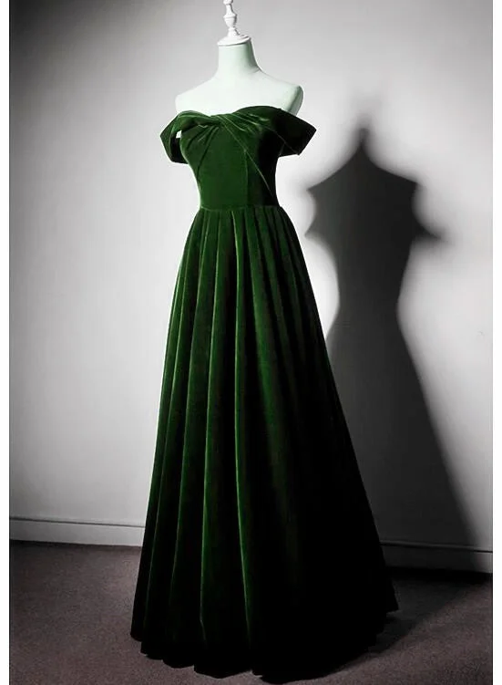 Beautiful Green Off Shoulder A-line Velvet Long Party Dress, Green Bridesmaid Dress Tunics Versatile stylish