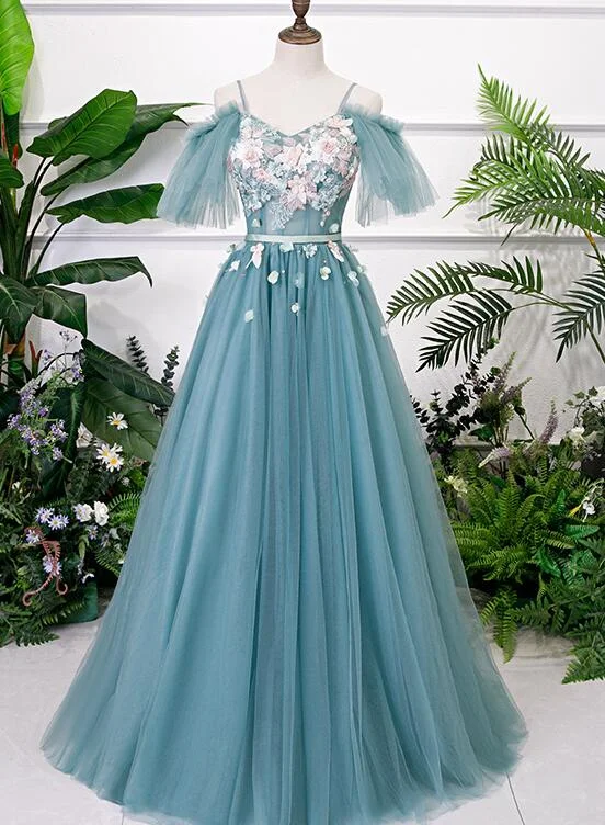 Beautiful Green Tulle Off Shoulder Party Dress, A-line Prom Dress with Flowers Tunics Denim casual