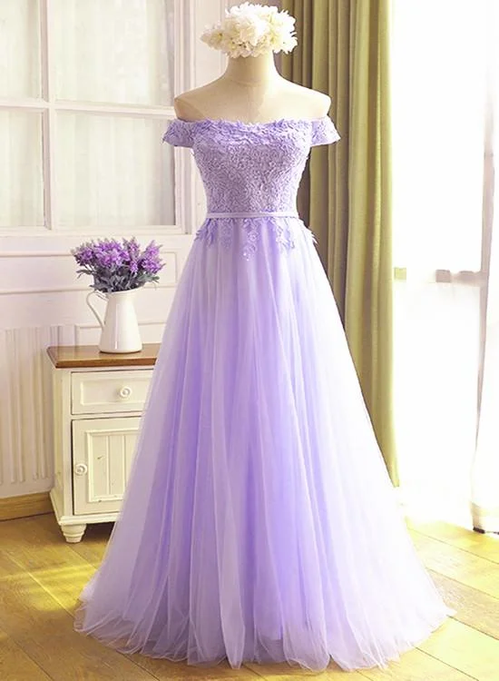 Beautiful Lavender Tulle Off Shoulder Party Dress, Light Purple Bridesmaid Dress Bodycon Fitted Nightout