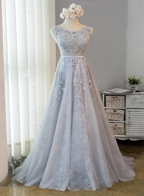 Beautiful Light Grey Tulle Backless Long Party Dress, A-line Junior Prom Dress Lace Sexy Club