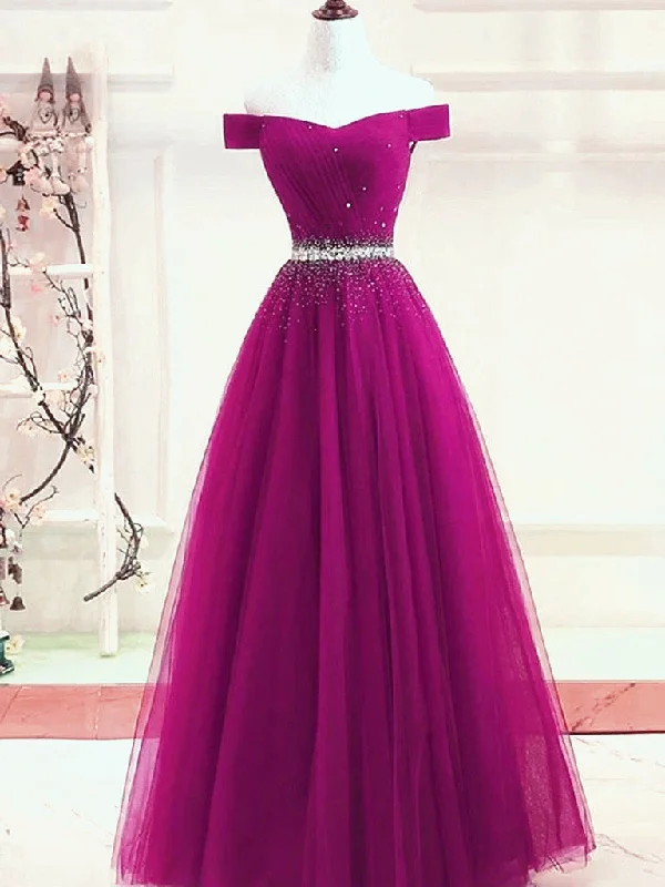 Beautiful Off Shoulder Beaded Tulle Long Party Dress, Junior Prom Dress Tunics Office stylish