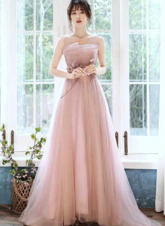 Beautiful Pink Tulle Straps Party Dress with Flower Lace Applique, Pink Evening Dress Tunics Bestseller popular