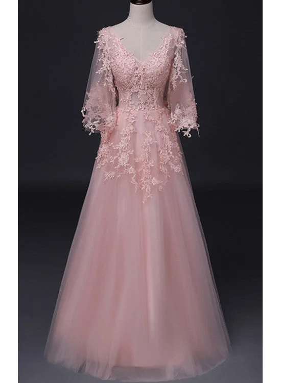 Beautiful Pink V-neckline Tulle Long Party Dress, Fashionable New Prom Dress Tunics Vintage classic