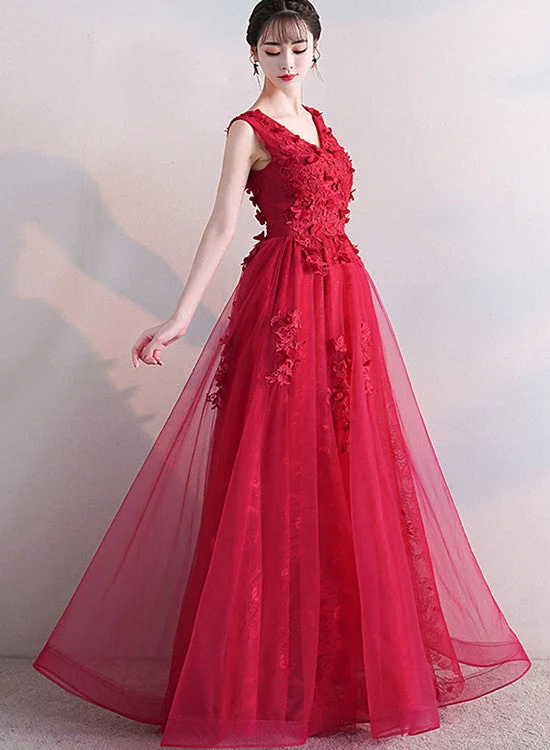 Beautiful Red V-neckline Tulle Long Party Dress with Lace, Red Prom Dress Tunics Solid Classic