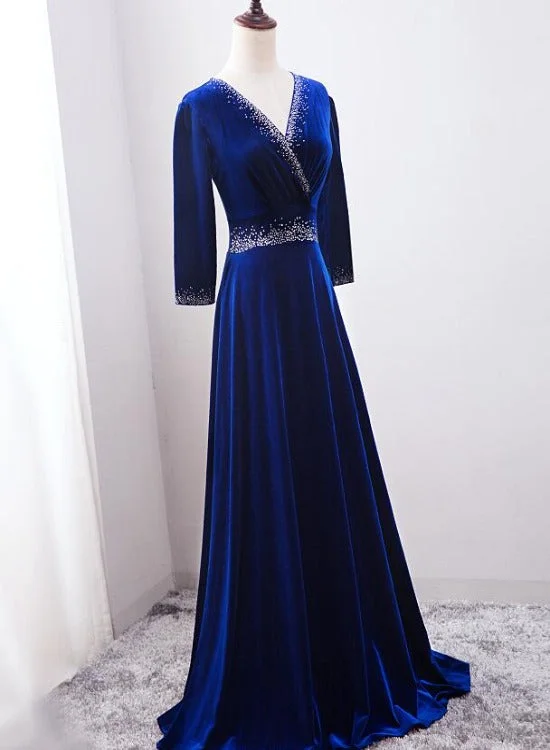 Beautiful Royal Blue Beaded Long Sleeves Wedding Party Dress, Blue Prom Dress Tunics Leisure comfortable