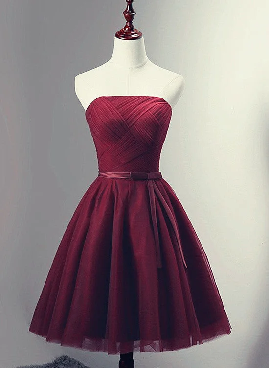 Beautiful Simple Wine Red Tulle Short Party Dress, Knee Length Prom Dress Tunics Business professional