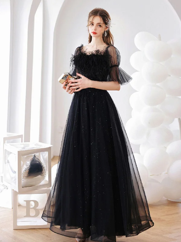 Black A line Tulle Long Prom Dress Black Tulle Formal Evening Dresses Shift Classic Vintage