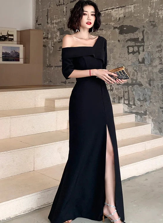 Black One Shoulder Slit Long Evening Dress, Black Formal Dress Prom Dress Tunics Stylish modern