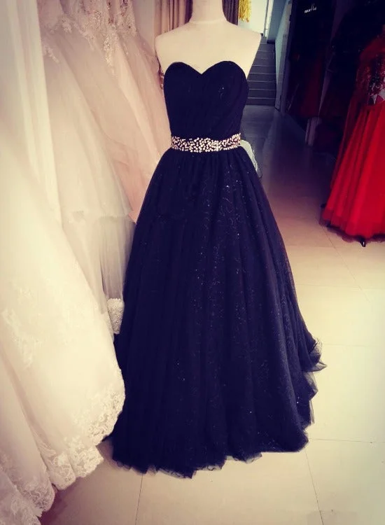 Black Sweetheart Tulle Long Party Dress, Stunning Black Sequins Prom Dress Tunics Cozy comfortable