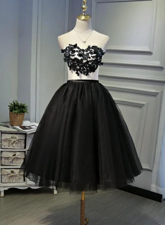 Black Tea Length Round Neckline Tulle Party Dress, Black Homecoming Dress Tunics Sophisticated sleek