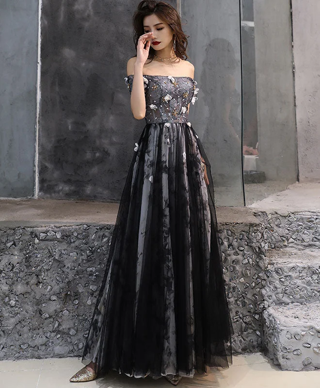 Black Tulle Lace Long Prom Dress, Black Tulle Evening Dress Tunics Fall fleece