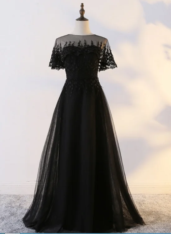 Black Tulle Long Party Dress with Lace Applique, Black Formal Gown Tunics Travel practical