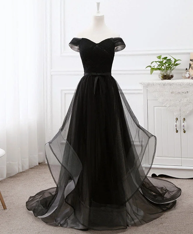 Black Tulle Long Prom Dress, Black Evening Dresses Boatneck Modish Everyday