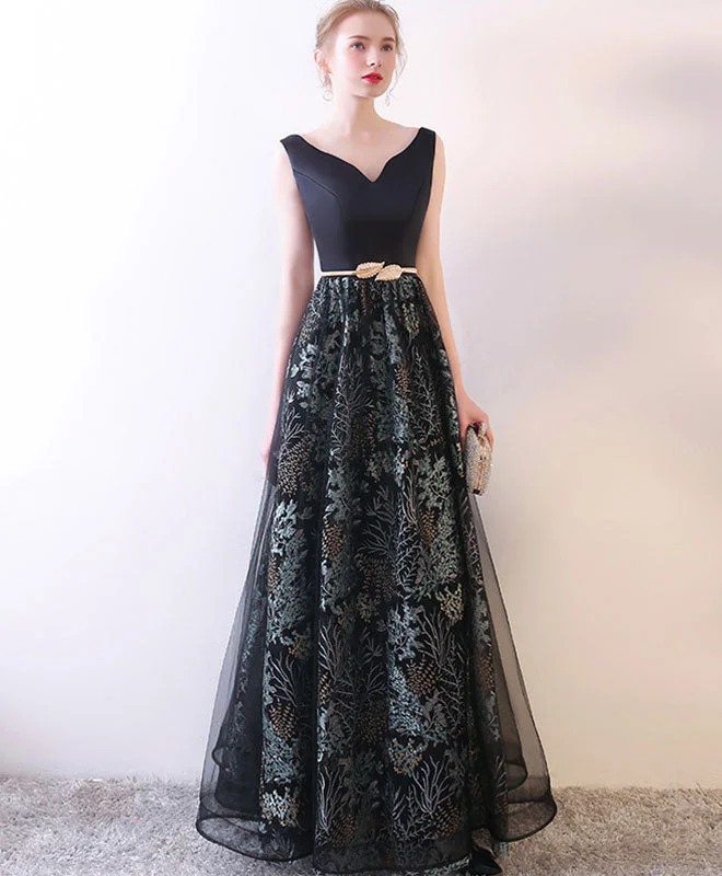 Black V Neck Long Prom Dress, Black Evening Dress Cowl Neckline Elegant