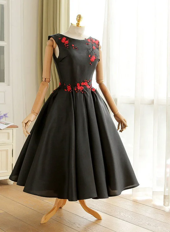 Black Vintage Style Tea Length Wedding Party Dress, Black Prom Dress Short Formal Dress Square Neckline Feminine