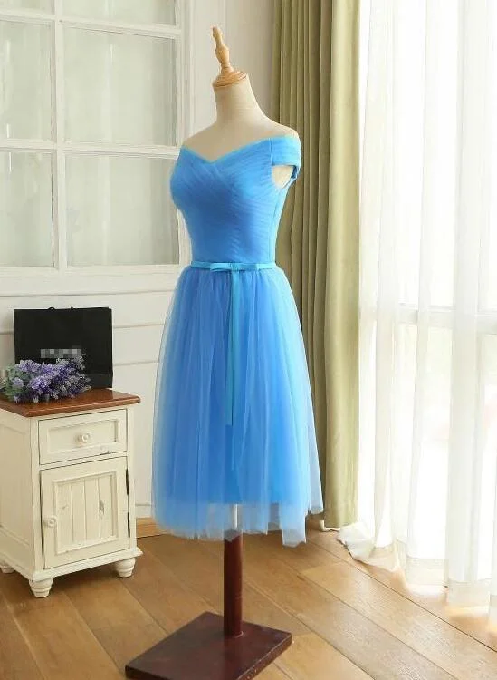 Blue Off Shoulder Tulle Short Prom Dress, Blue Bridesmaid Dress Party Dress Tunics Business professional