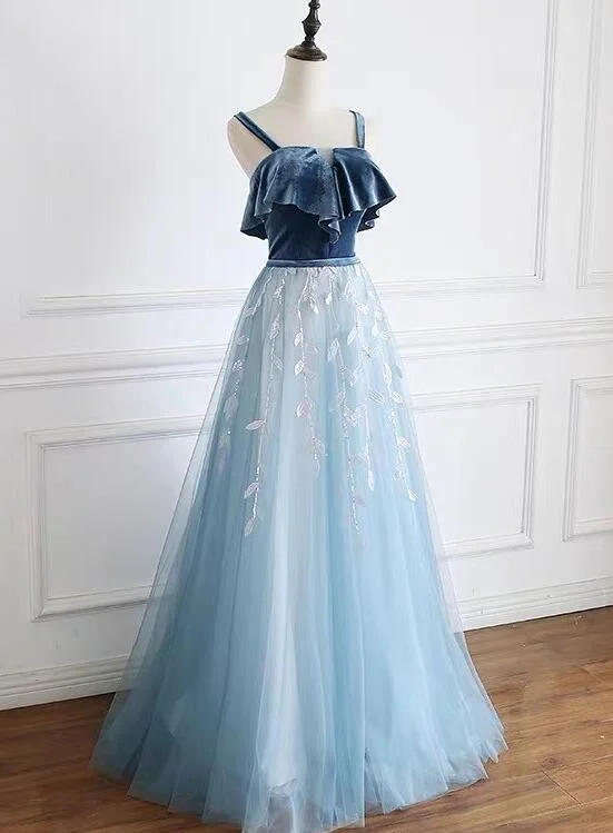 Blue Straps Beautiful Tulle and Velvet Long Party Dress, A-line Blue Evening Dress Glittery Long Formal