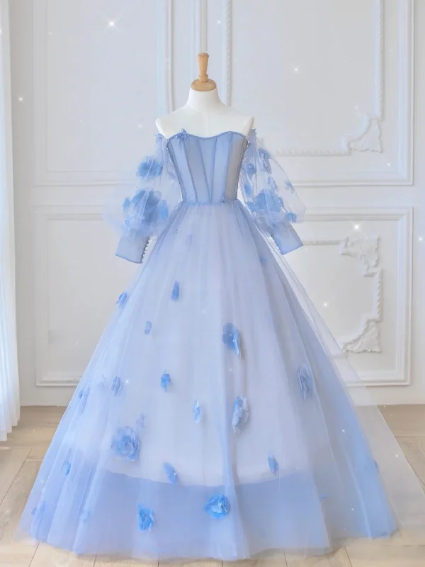 Blue Sweetheart Tulle 3D Flower Long Prom Dress, Blue Evening Dress Off-the-shoulder Bohemian Festive