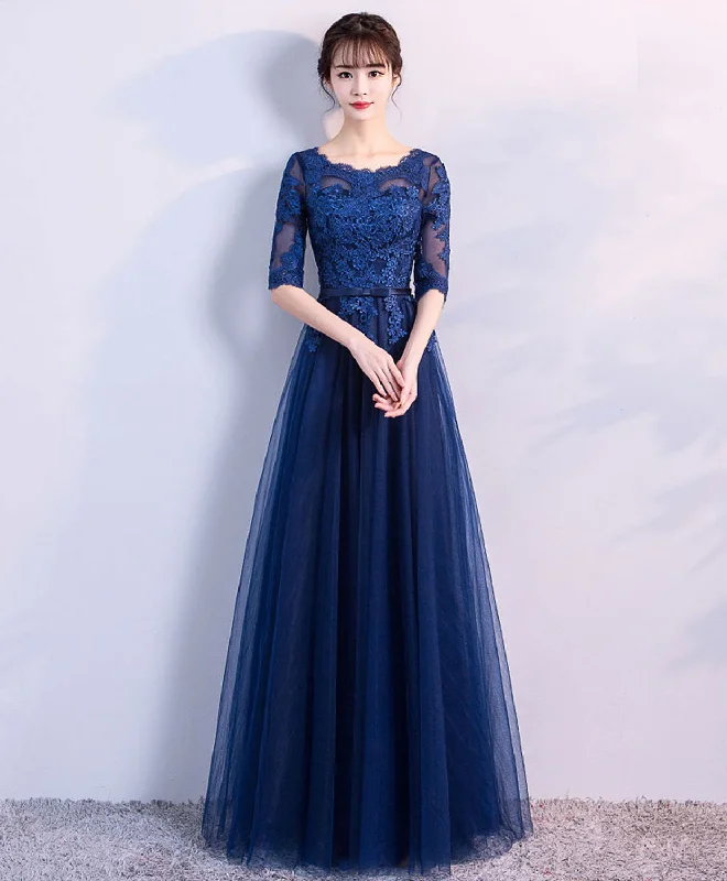 Blue Tulle Lace Long Prom Dress, Lace Evening Dress High-Low Hemline Casual