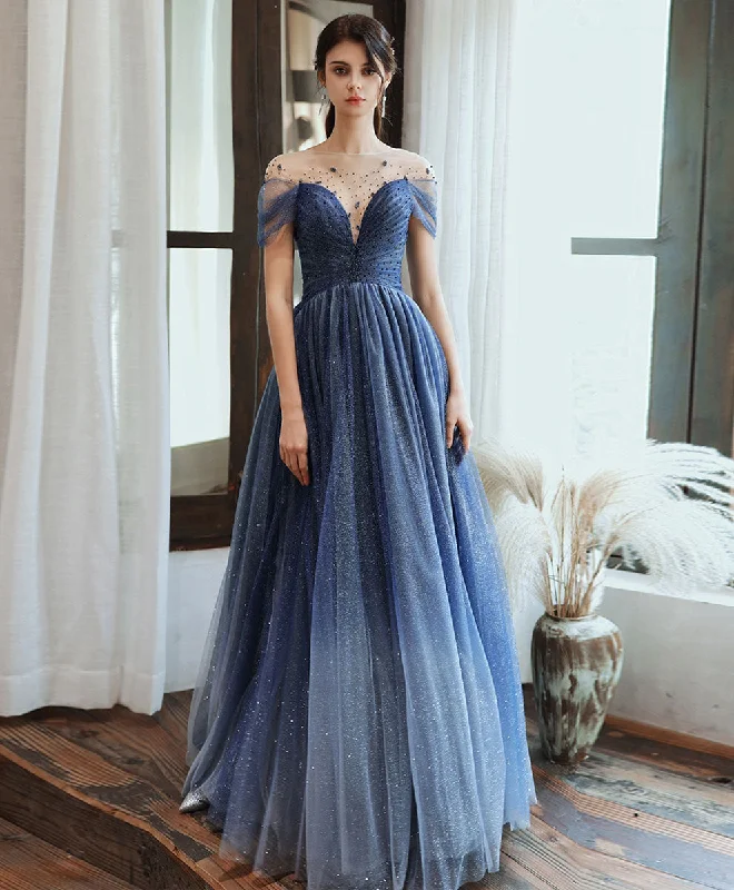 Blue Tulle Off Shoulder Sequin Long Prom Dress Blue Evening Dress Tunics Practical easy-care