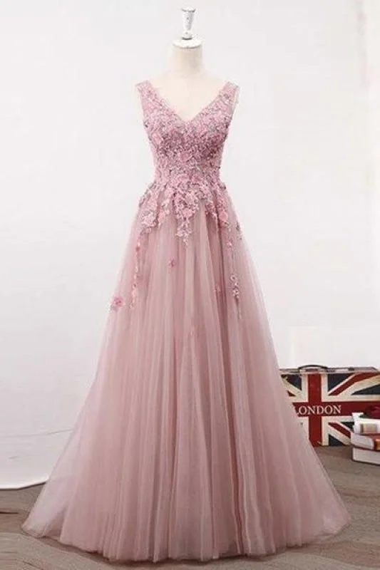 Blush Pink Elegant V Neck Tulle Prom Dresses A Line Appliques Evening dresses with Flowers Tunics Versatile functional