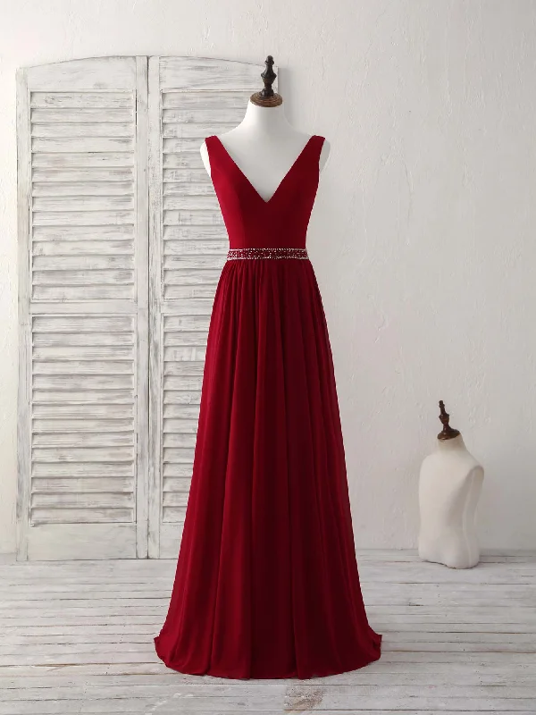 Burgundy Chiffon V Neck Beads Long Prom Dress Burgundy Evening Dress Tunics Print Colorful