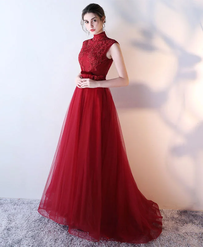 Burgundy Lace Tulle Long Prom Dress, Burgundy Evening Dress Tunics Fashionable trendy