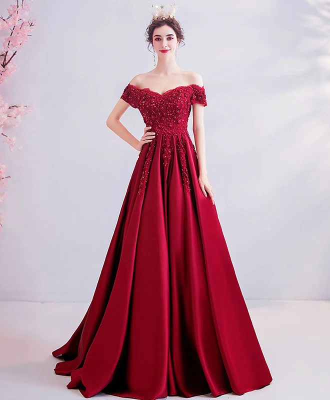 Burgundy Off Shoulder Lace Satin Long Prom Dress Burgundy Evening Dress Pencil Length Work