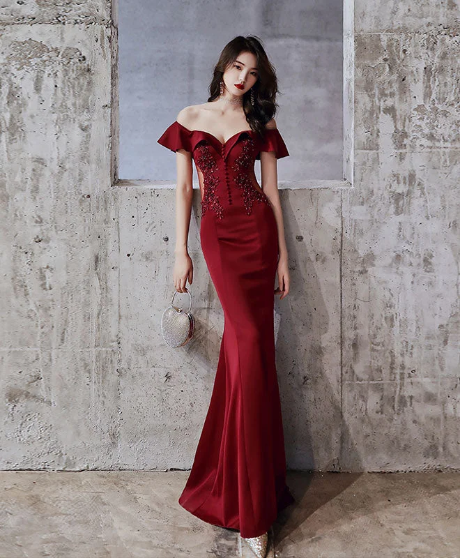 Burgundy Off Shoulder Mermaid Long Prom Dress Burgundy Evening Dress Crew Neckline Sporty