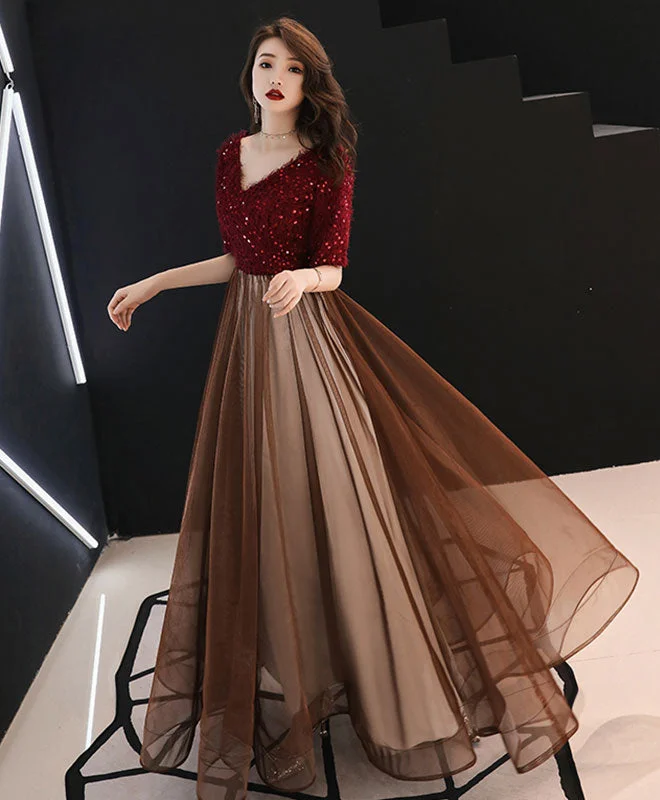 Burgundy Sequin Tulle Long Prom Dress, Burgundy Evening Dress Tunics Summer linen